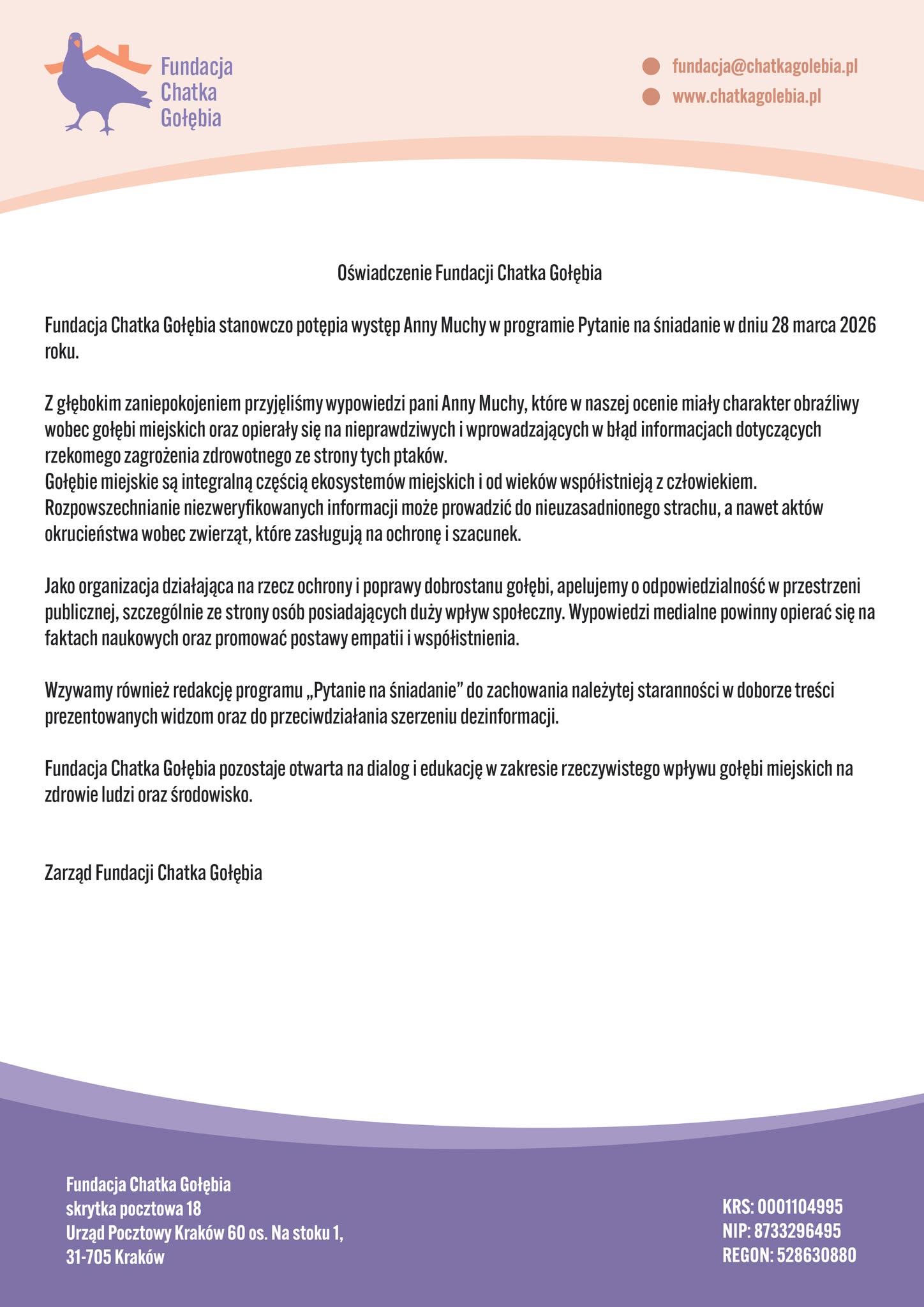 Oświadczenie fundacji w sprawie występu Anny Muchy 