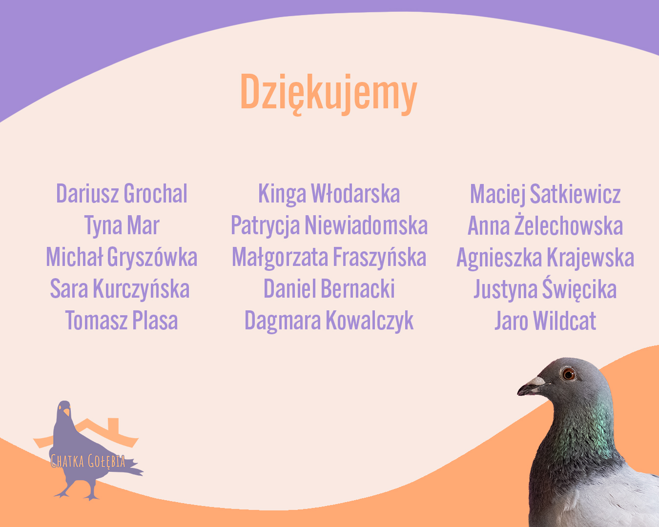 Plansza z imionami i nazwiskami patronów Chatki Gołębia na Patronite.