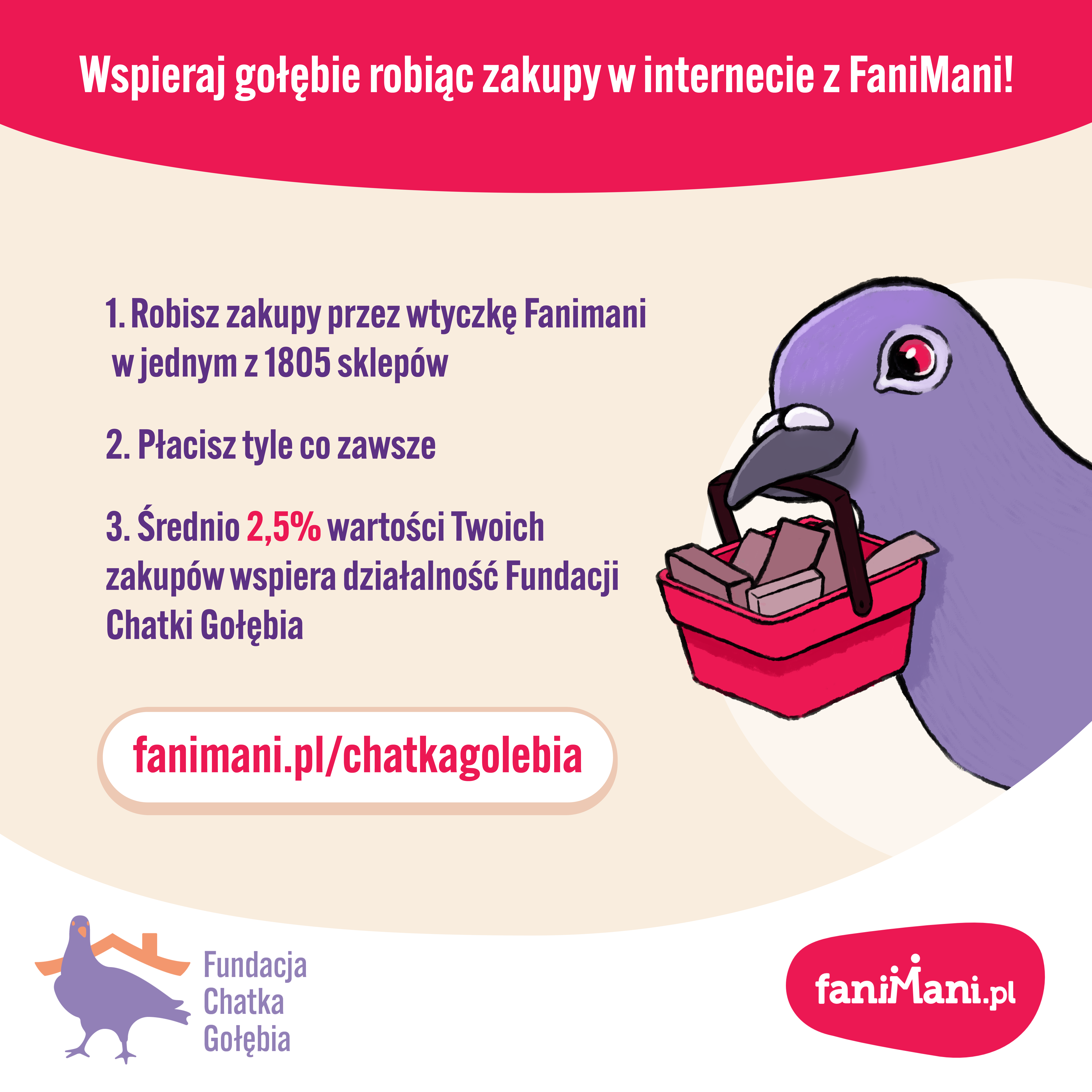 Infografika w jaki sposób wspierać gołębie robiąc zakupy z FaniMani